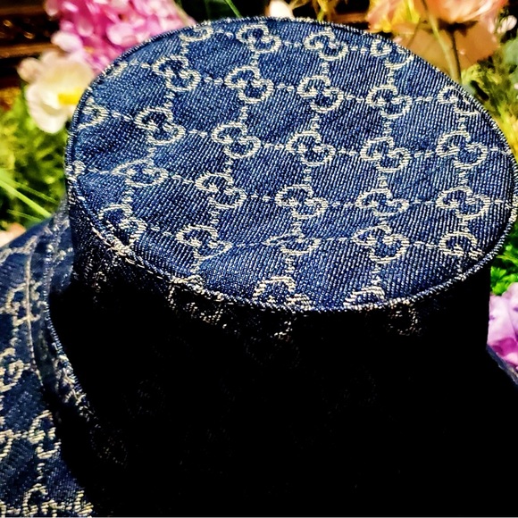 Gucci GG Monogram Denim Bucket Hat Navy Blue Wide Brim Gold Logo Designer - Picture 10 of 12